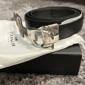 Men’s Coach Black Leather Belt with Silver C Buckle